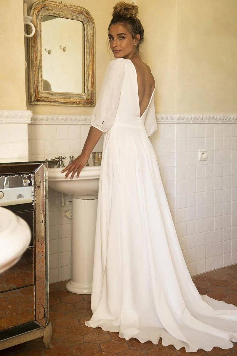 Dress Elegant Half Sleeves Open Back Wedding Dress V-Neck A-line With Hight Slit Bride Dress