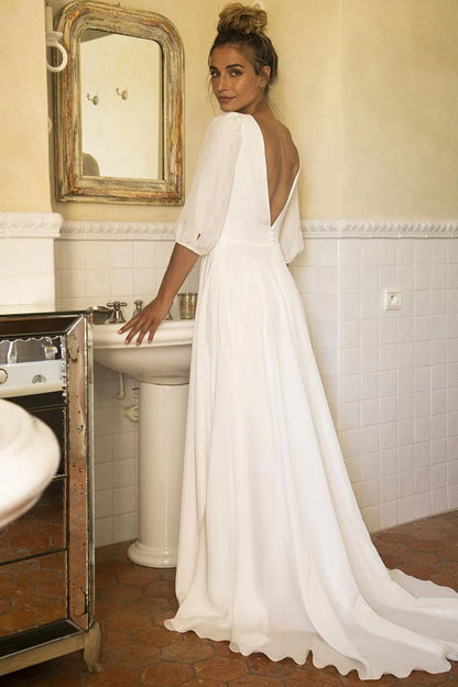 Dress Elegant Half Sleeves Open Back Wedding Dress V-Neck A-line With Hight Slit Bride Dress
