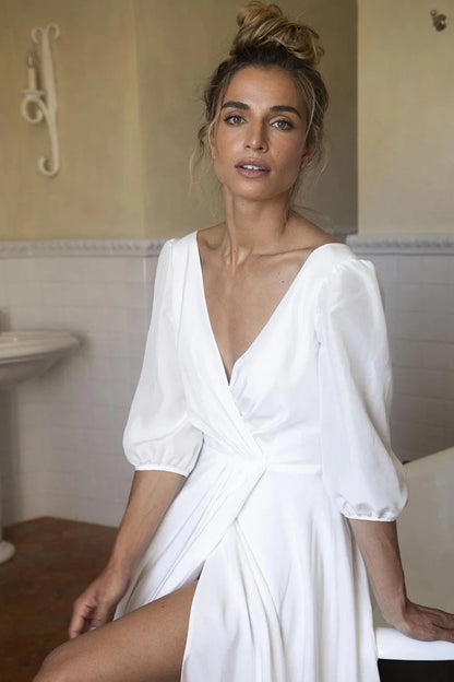 Dress Elegant Half Sleeves Open Back Wedding Dress V-Neck A-line With Hight Slit Bride Dress