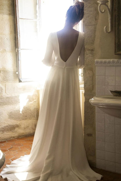 Dress Elegant Half Sleeves Open Back Wedding Dress V-Neck A-line With Hight Slit Bride Dress