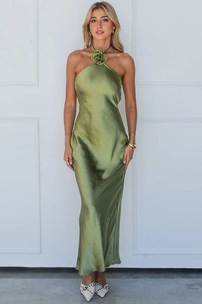 Dress Elegant Halter Rosette Decor Open Back Slim Fit Satin Maxi Prom Dresses Sleeveless