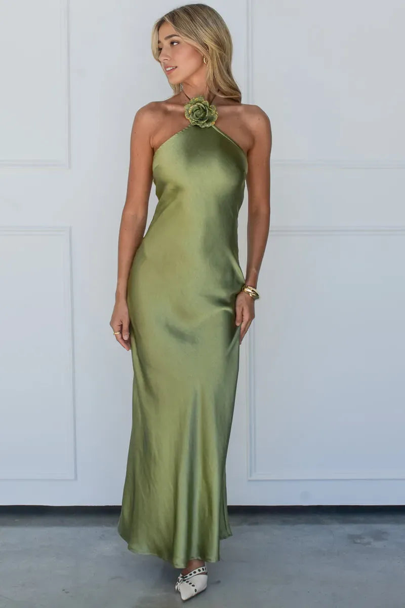 Dress Elegant Halter Rosette Decor Open Back Slim Fit Satin Maxi Prom Dresses Sleeveless