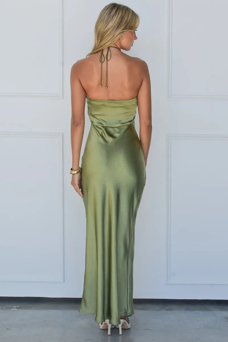 Dress Elegant Halter Rosette Decor Open Back Slim Fit Satin Maxi Prom Dresses Sleeveless