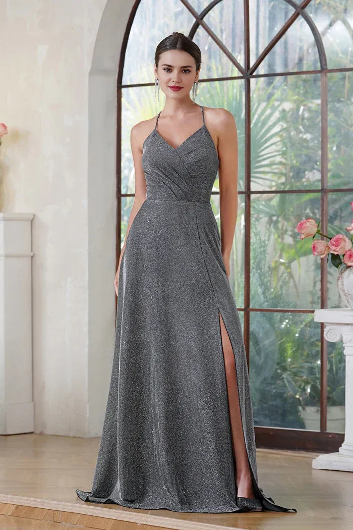 Dress Elegant Halter Shiny Silk Long Evening Dress V-Neck Pleated Side Slit Party Dress Prom Dress