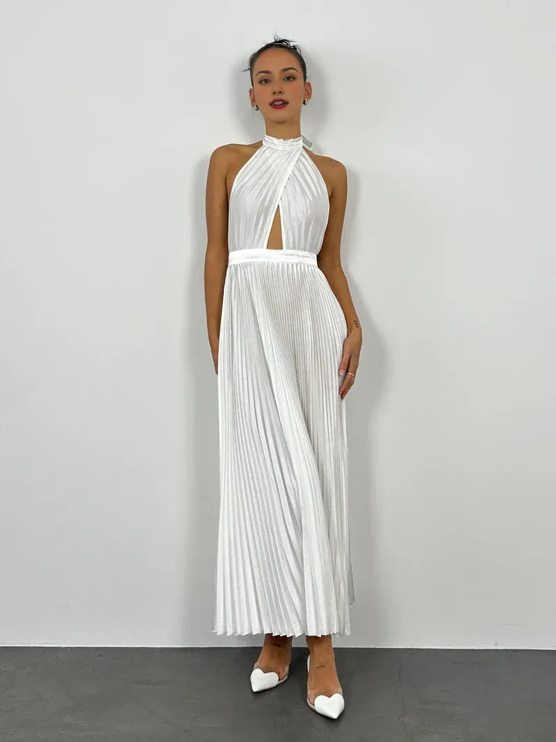 Dress Elegant High Neck Classic Prom Dress A-Line Sleeveless Ankle-Length Solid Color Maxi Dress