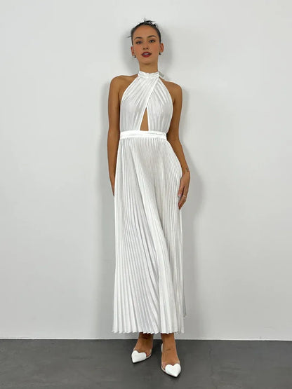Dress Elegant High Neck Classic Prom Dress A-Line Sleeveless Ankle-Length Solid Color Maxi Dress