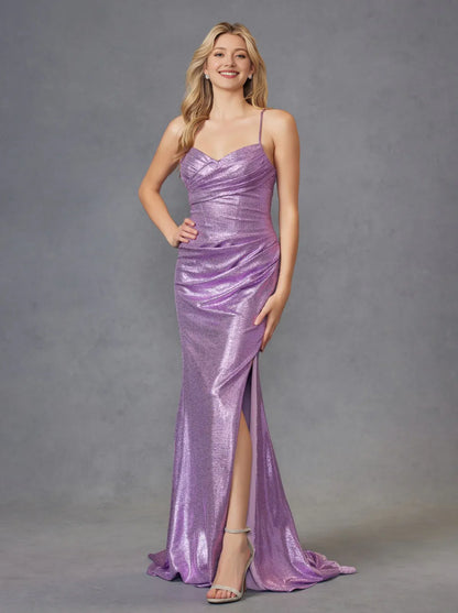 Dress Elegant Hot Pink Metallic Satin Dress With Spaghetti Straps Ruched Bodice And High Slit Showcasing Timeless Glamour Prom Dress