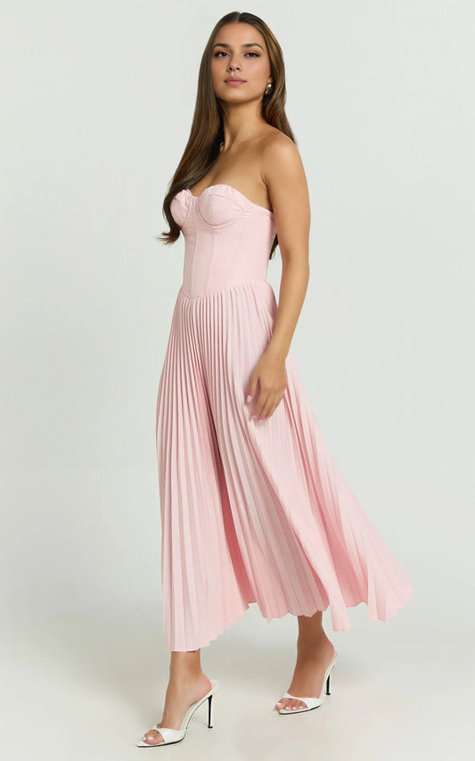 Dress Elegant Lace Up Back Bustier Pleated Midi Dress Cream A-Line Solid Color Sleeveless Party Evening Dress