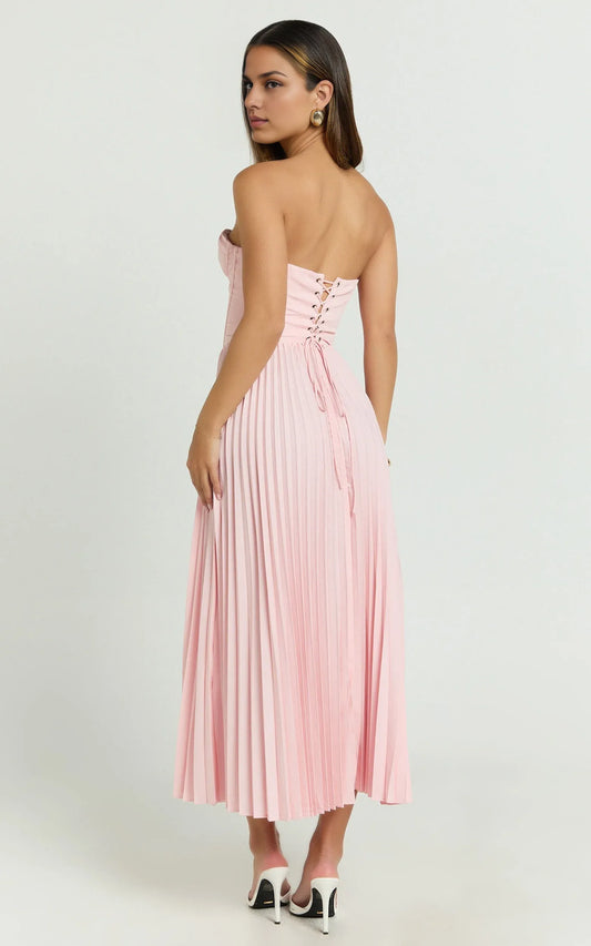Dress Elegant Lace Up Back Bustier Pleated Midi Dress Cream A-Line Solid Color Sleeveless Party Evening Dress