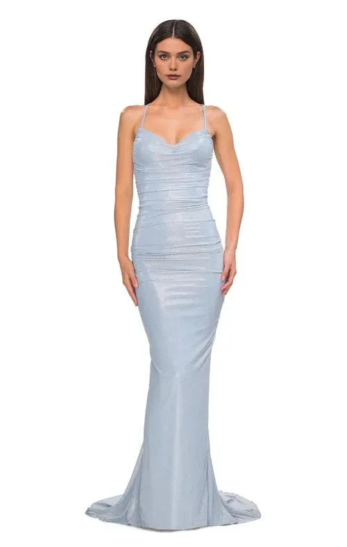 Dress Elegant Light Blue Evening Dress Ruched Detail Spaghetti Straps And Train Prom Dress