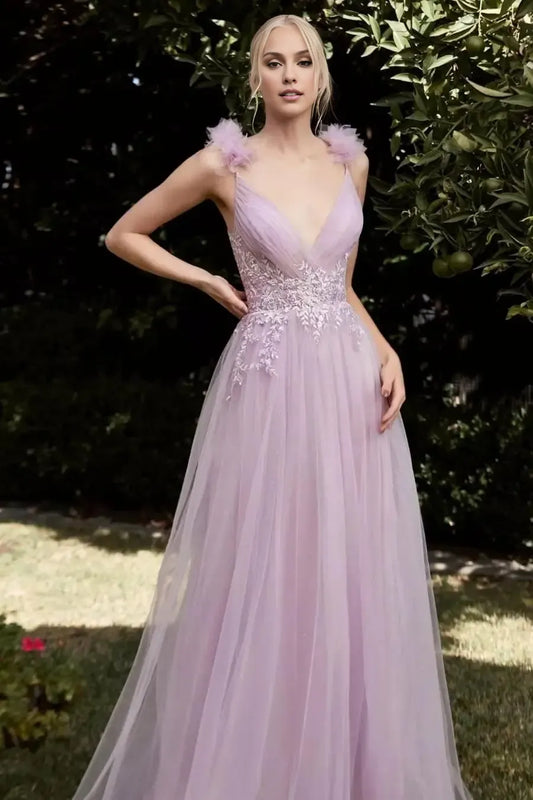 Dress Elegant Lilac Tulle Spaghetti Strap Backless Applique Sleeveless Evening Dress Prom Dress