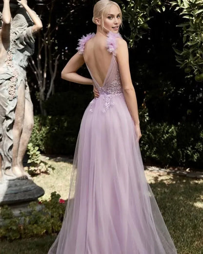 Dress Elegant Lilac Tulle Spaghetti Strap Backless Applique Sleeveless Evening Dress Prom Dress