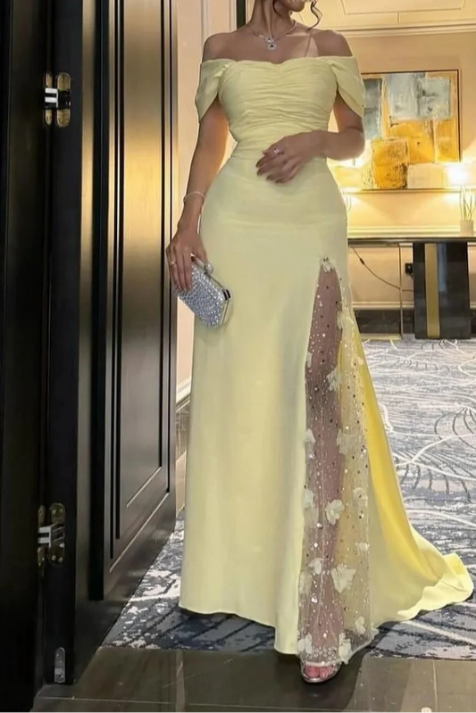 Dress Elegant Mermaid Off the Shoulder Yellow Party Dress with Split Front