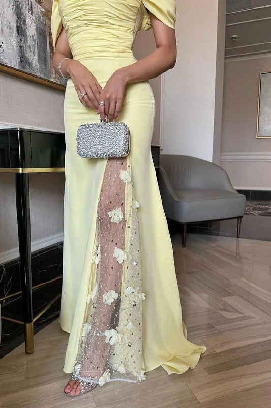 Dress Elegant Mermaid Off the Shoulder Yellow Party Dress with Split Front