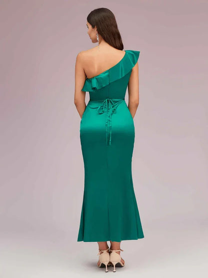Dress Elegant Mermaid One Shoulder Soft Satin Midi Party Ruffle Pleats Prom Dresses