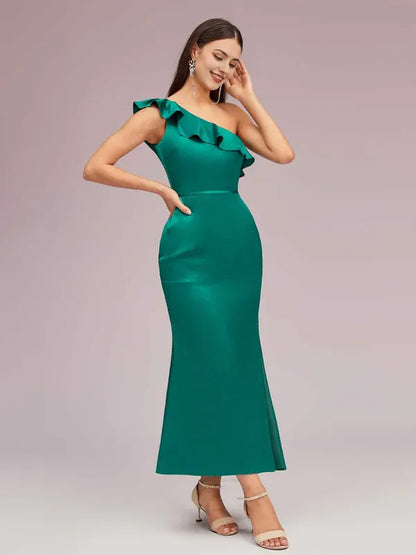 Dress Elegant Mermaid One Shoulder Soft Satin Midi Party Ruffle Pleats Prom Dresses