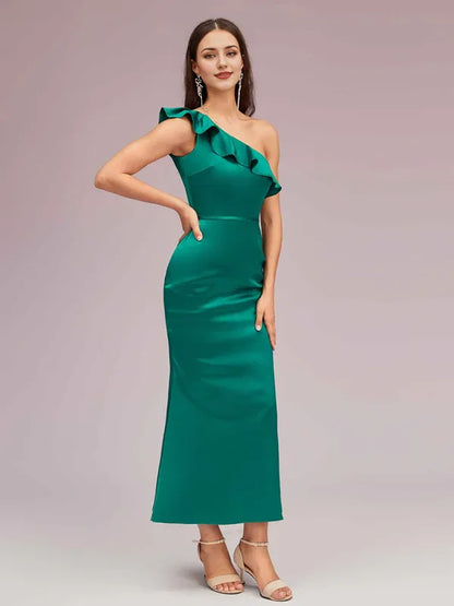 Dress Elegant Mermaid One Shoulder Soft Satin Midi Party Ruffle Pleats Prom Dresses
