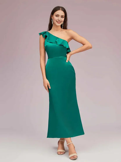 Dress Elegant Mermaid One Shoulder Soft Satin Midi Party Ruffle Pleats Prom Dresses