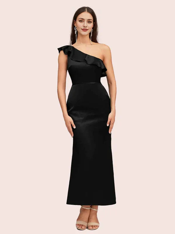 Dress Elegant Mermaid One Shoulder Soft Satin Midi Party Ruffle Pleats Prom Dresses