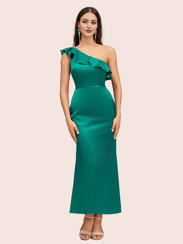 Dress Elegant Mermaid One Shoulder Soft Satin Midi Party Ruffle Pleats Prom Dresses