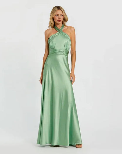 Dress Elegant Mint Green Satin Cross Halter Gown With Ruched Waist Detail Radiating Charming Allure Prom Dress
