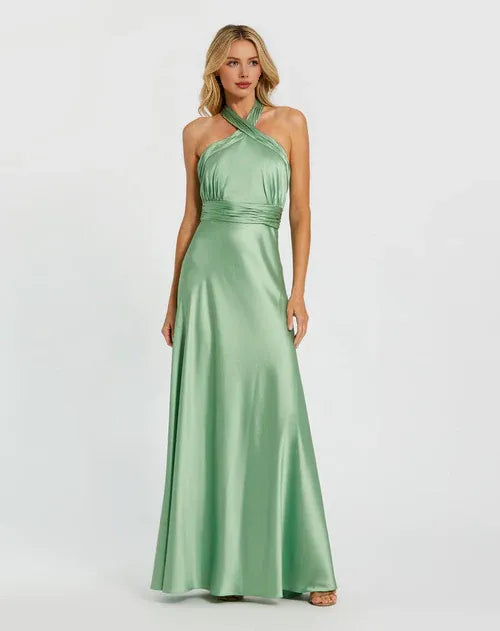 Dress Elegant Mint Green Satin Cross Halter Gown With Ruched Waist Detail Radiating Charming Allure Prom Dress