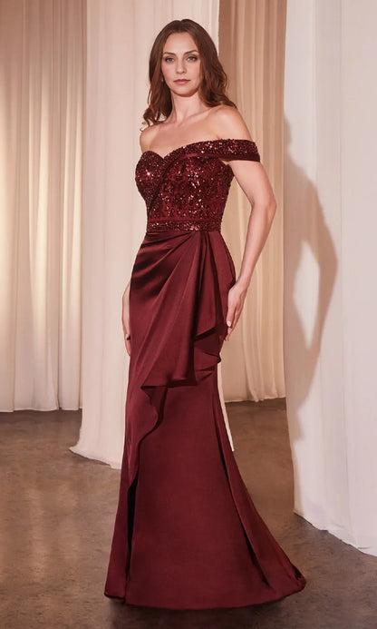 Dress Elegant Off-Shoulder Draped Long Prom Gown Beaded Bodice Mother of the Bride Dress