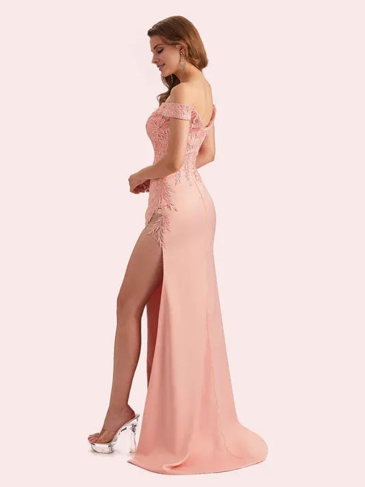 Dress Elegant Off Shoulder Mermaid Side Slit Soft Satin Maxi Dress Matron of Honor Dress For Wedding Prom Dress