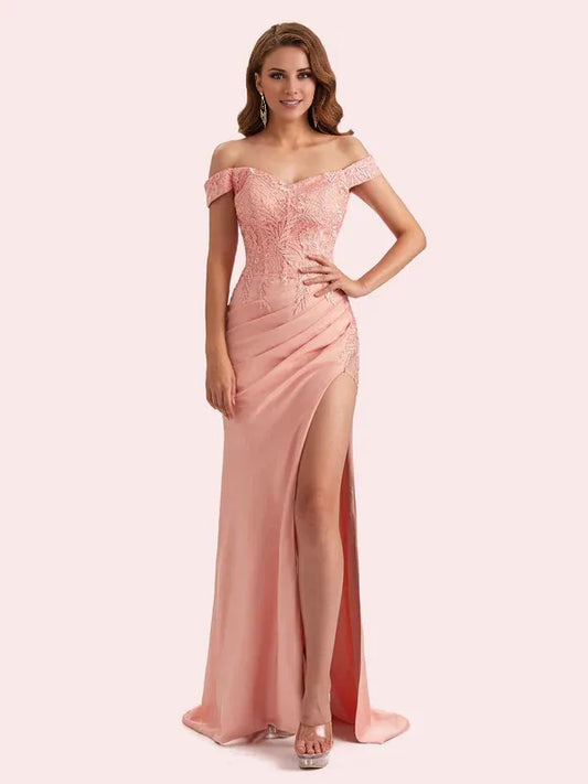 Dress Elegant Off Shoulder Mermaid Side Slit Soft Satin Maxi Dress Matron of Honor Dress For Wedding Prom Dress