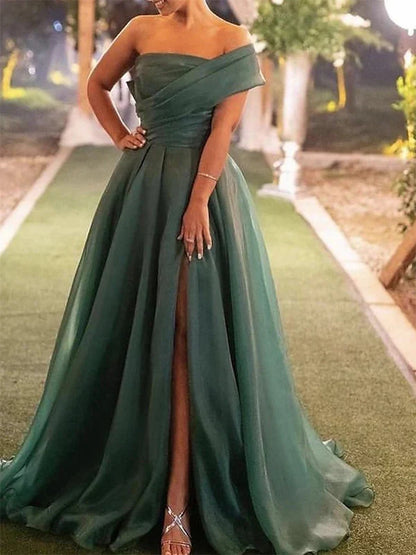 Dress Elegant One Shoulder A-line Side Slit Organize Long Prom Dress Party Dress