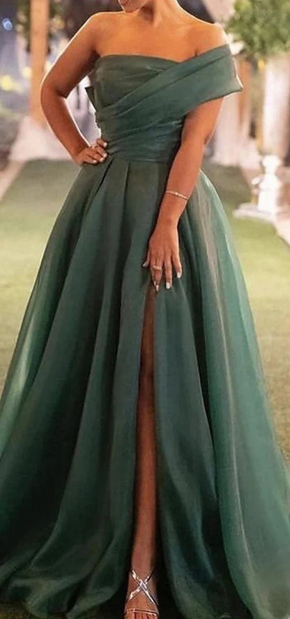 Dress Elegant One Shoulder A-line Side Slit Organize Long Prom Dress Party Dress