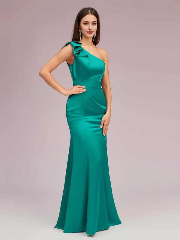 Dress Elegant One Shoulder Mermaid Maxi Dress Satin Evening Ruffle Sleeveless Prom Dresses