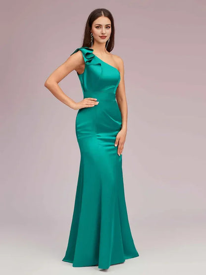 Dress Elegant One Shoulder Mermaid Maxi Dress Satin Evening Ruffle Sleeveless Prom Dresses