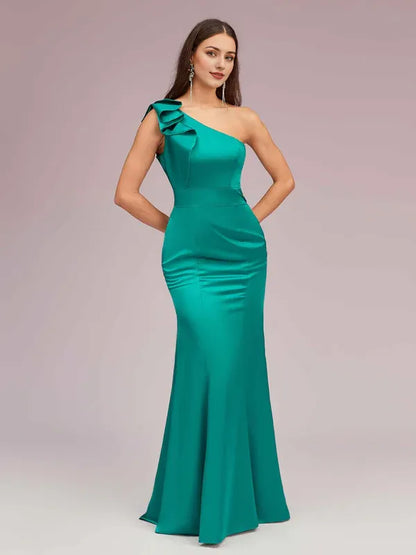 Dress Elegant One Shoulder Mermaid Maxi Dress Satin Evening Ruffle Sleeveless Prom Dresses