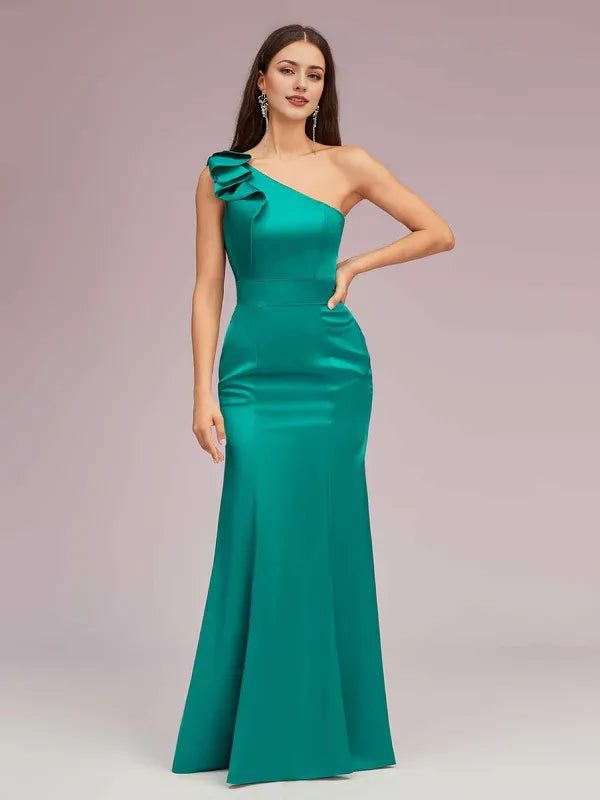 Dress Elegant One Shoulder Mermaid Maxi Dress Satin Evening Ruffle Sleeveless Prom Dresses