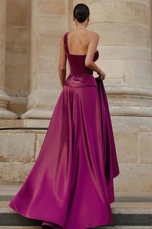 Dress Elegant One Shoulder Sleeveless Corset Folds High Slit Formal Party Gown Satin Maxi Dresses Purple Prom Dress