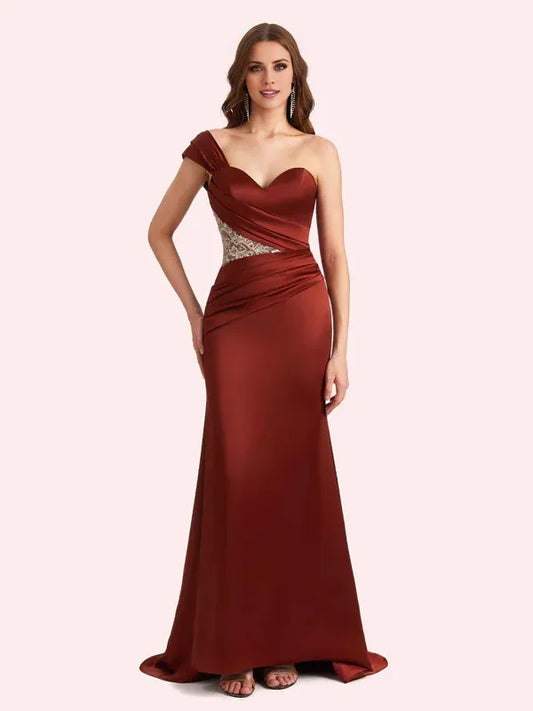 Dress Elegant One Shoulder Sleeveless Mermaid Soft Satin Maxi Dress Matron of Honor Dress For Wedding Prom Dress