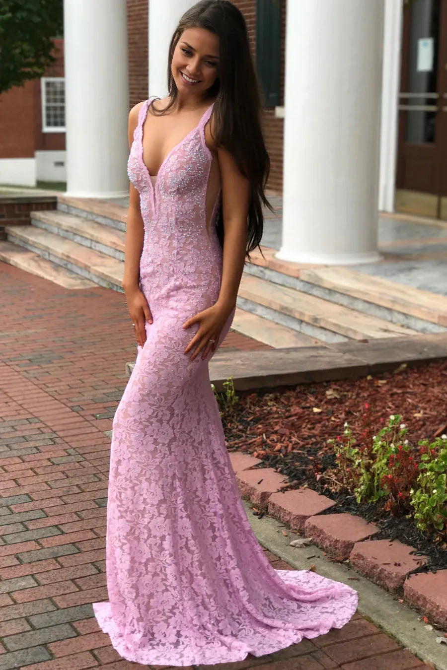 Dress Elegant Open Back Mermaid V-Neck Pink Lace Prom Dress