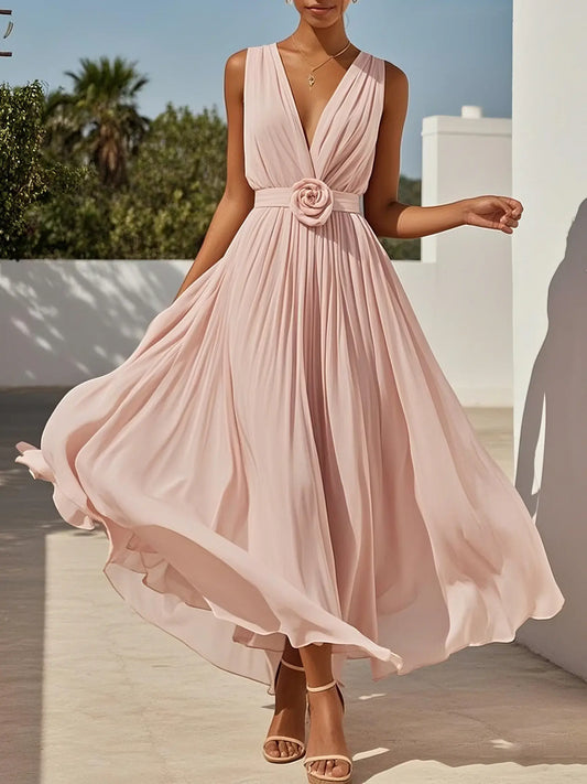 Dress Elegant Pink 3D Floral Ruched V Neck A-Line Maxi Chiffon Pleats Dress Prom Dress