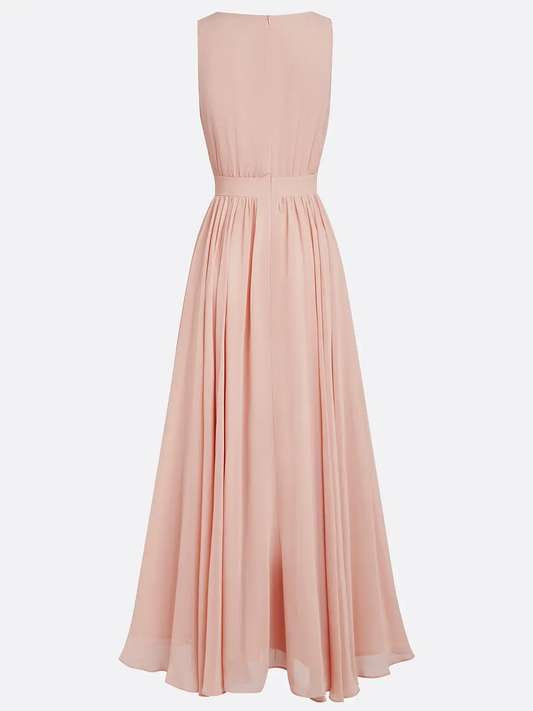 Dress Elegant Pink 3D Floral Ruched V Neck A-Line Maxi Chiffon Pleats Dress Prom Dress