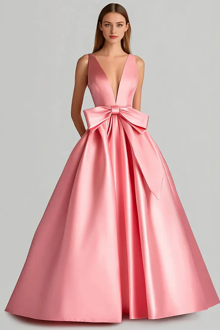 Dress Elegant Pink Deep V Neck Lace Up Satin Prom Dress With Bow