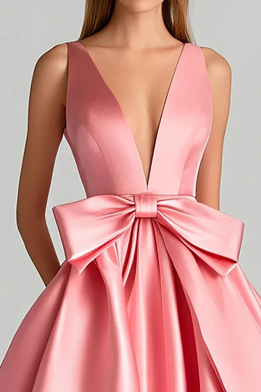 Dress Elegant Pink Deep V Neck Lace Up Satin Prom Dress With Bow