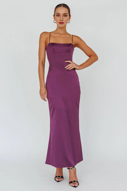 Dress Elegant Purple Satin Gown Spaghetti Straps Cowl Neckline And Floor Length Silhouette Prom Dress