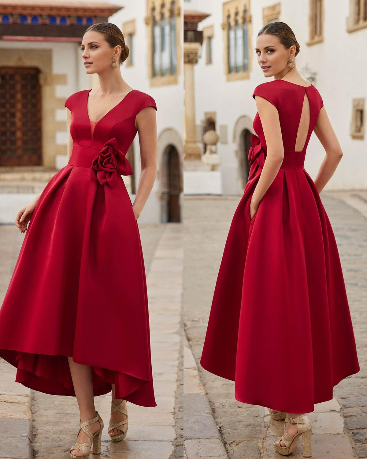 Dress Elegant Red Flower Short Ankle Length V Neck A-line Open Back Cap Sleeve Prom Dress