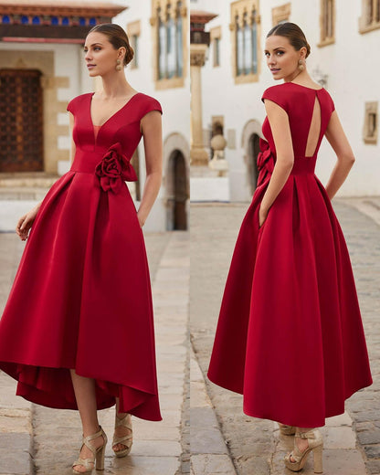 Dress Elegant Red Flower Short Ankle Length V Neck A-line Open Back Cap Sleeve Prom Dress