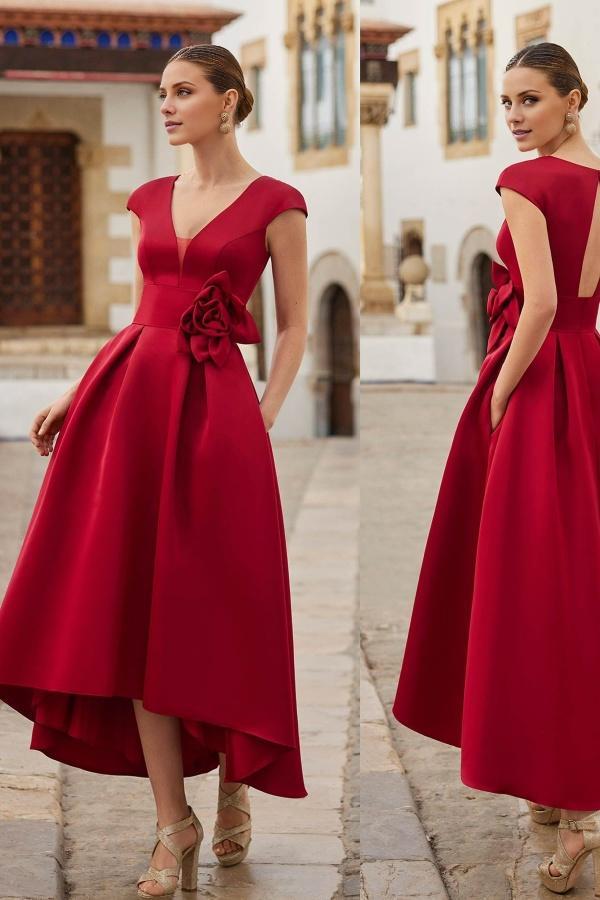 Dress Elegant Red Flower Short Ankle Length V Neck A-line Open Back Cap Sleeve Prom Dress