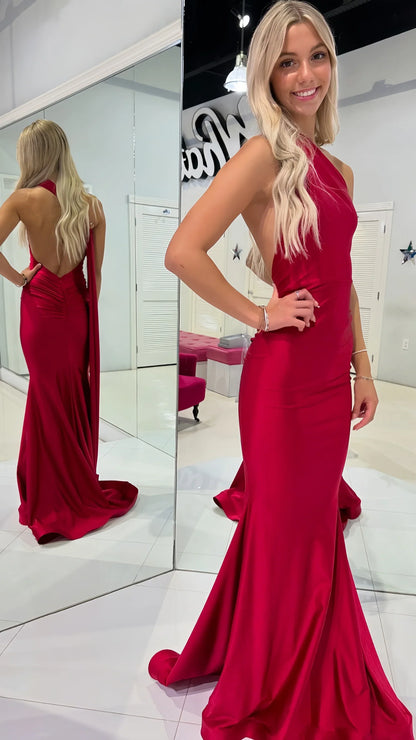 Dress Elegant Red Halter Mermaid Sleeveless Long Prom Dress Open Back Floor Length Party Gown