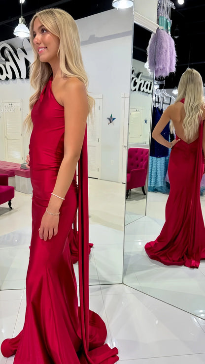 Dress Elegant Red Halter Mermaid Sleeveless Long Prom Dress Open Back Floor Length Party Gown