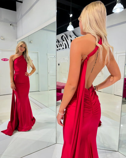 Dress Elegant Red Halter Mermaid Sleeveless Long Prom Dress Open Back Floor Length Party Gown
