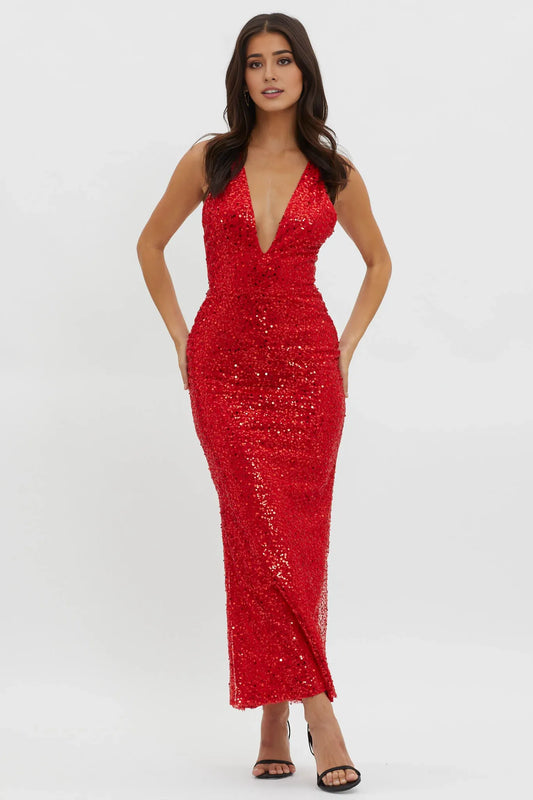 Dress Elegant Red Sequin Gown Plunging V Neck Detail Bodycon Fit and Floor Length Silhouette Prom Dress
